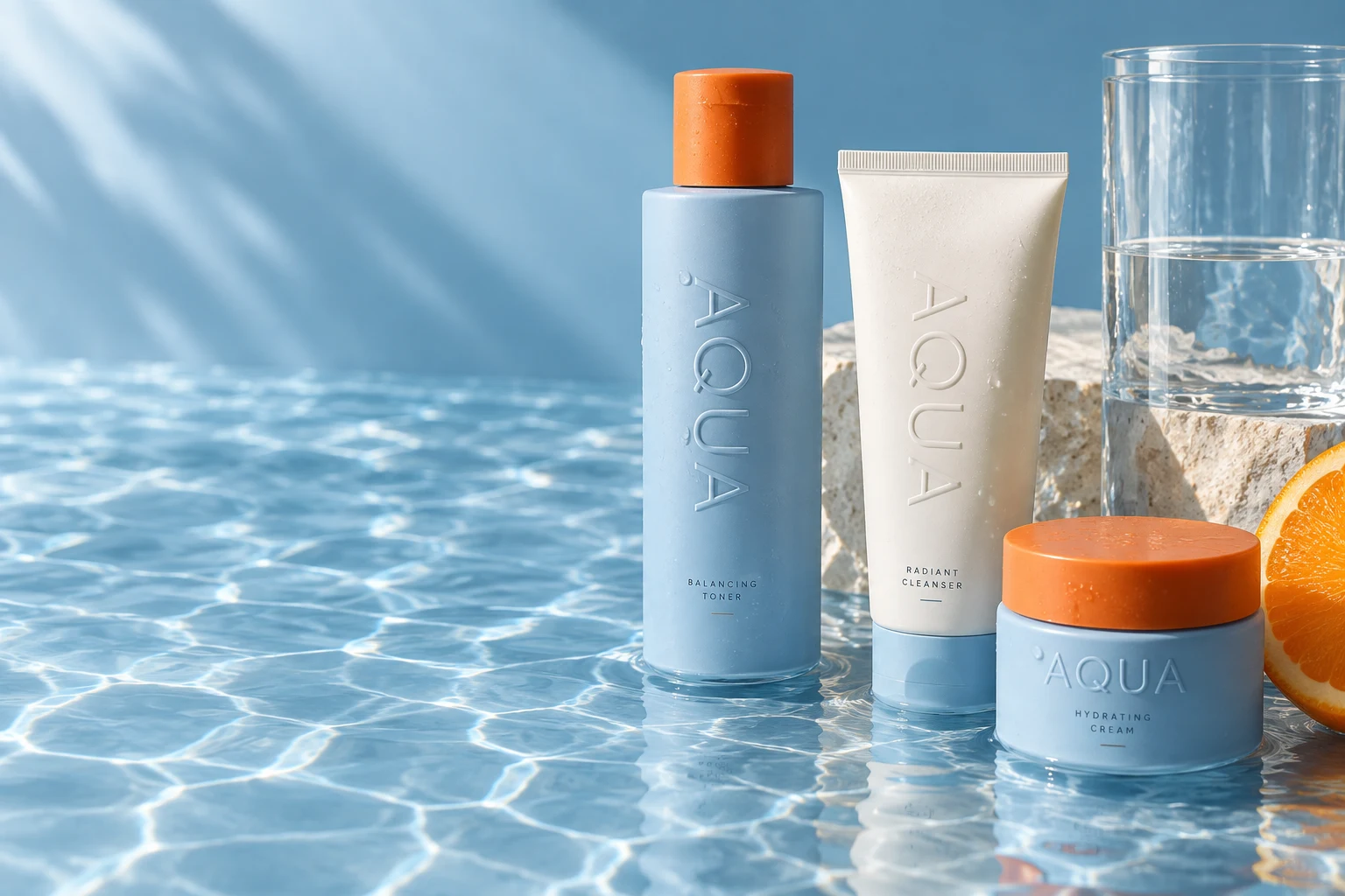 햇살이 비치는 맑은 물 위의 하늘색 AQUA 스킨케어 제품
